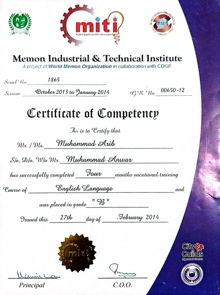 Certificate of English language Course awarded to Mufti Muhammad Areeb by Memon Industrial & Technical Institute