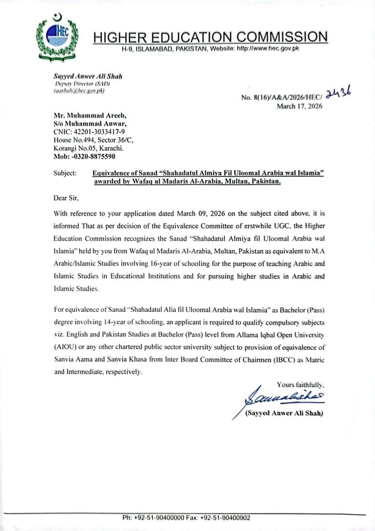 Equivalence Certificate of MA Arabic and MA Islamic Studies awarded to Mufti Muhammad Areeb by Higher Education Commission