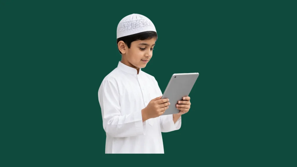 A boy in white clothes and a cap holding a tablet