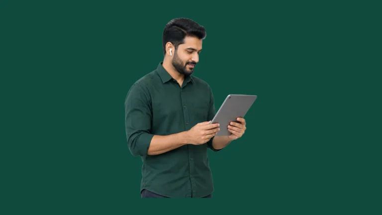 An adult learner holding a tablet